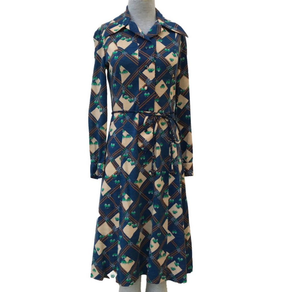 Holt Renfrew Acrylic Knit Dress Green Car Print Vintage 1300 Collection 1970s